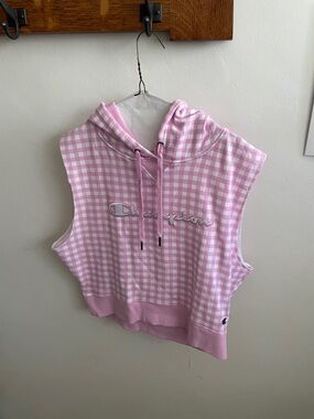 Champion Pink Gingham Sleeveless Pullover Hoodie